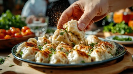 A close-up displays a hand picking up a delectable dumpling from a visually appealing dish, showcasing the allure of savory indulgence and culinary fascination.