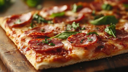 A mouthwatering flatbread pizza adorned with delicious pepperoni slices and crisp, fresh basil leaves, perfectly capturing a blend of traditional and modern tastes.
