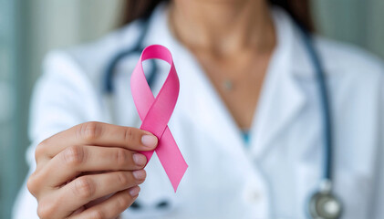 Photo for Pink October and breast cancer awareness: close-up of a doctor holding the pink bow, a symbol of support and prevention.