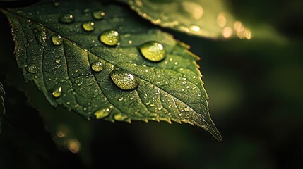 Fototapeta premium Close-up of a leaf with a collection of dew droplets on its surface, with a focus on the clarity and shape of each droplet