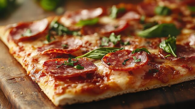 A mouthwatering flatbread pizza adorned with delicious pepperoni slices and crisp, fresh basil leaves, perfectly capturing a blend of traditional and modern tastes.