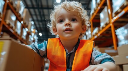 A curious child in an orange safety vest explores a busy warehouse, surrounded by shelves and boxes, emphasizing discovery, curiosity, and learning potential for youth.