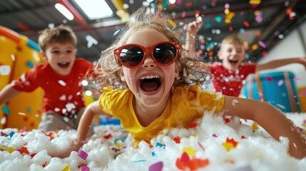 Inside a play area, three laughing children dive into a sea of foam and confetti, capturing the essence of innocence, joy, and playful camaraderie.
