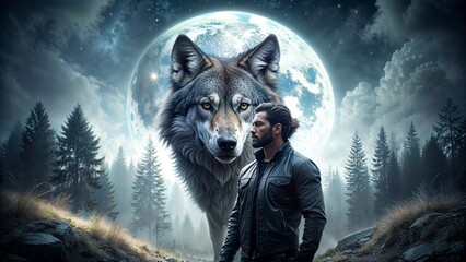 Man Standing with Wolf Spirit in Front of Full Moon – Perfect for Blogs, Fantasy Websites, and Inspirational Content Related to Inner Strength, Spirituality, and Animal Symbolism