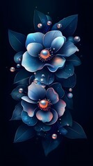 Elegant floral arrangement with iridescent flowers, against a dark background, in the style of vector art