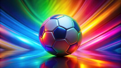 A gleaming soccer ball rests on a stage of vibrant iridescent streaks, capturing the essence of the game's passion and dynamism.