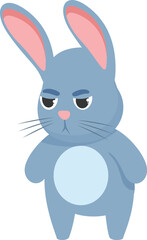Cartoon grumpy blue rabbit frowning with arms crossed, a cute illustration of negative emotions