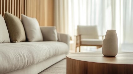 Fototapeta premium Close-up of a modern minimalist living room with clean lines, neutral colors, and simple furnishings