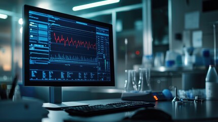 Fototapeta premium Close-up of a monitor displaying electrical signals and waveform data in a high-tech laboratory setting