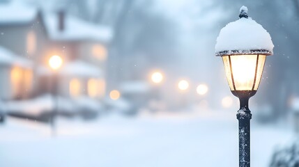 Frosted at Winter Dawn - Serene Neighborhood with Glowing Streetlamps and Fresh Snow Blanketing the Streets in Tranquil Stillness
