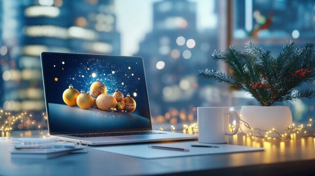 Desk setup with Christmas lights and holiday decorations, professional workspace