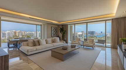 Fototapeta premium Luxury Modern Living Room with Panoramic Ocean View and Minimalist Interior Design