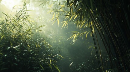 Fototapeta premium Morning Serenity in Bamboo Grove, a tranquil scene of verdant bamboo stalks illuminated by gentle sunlight, symbolizing renewal and growth