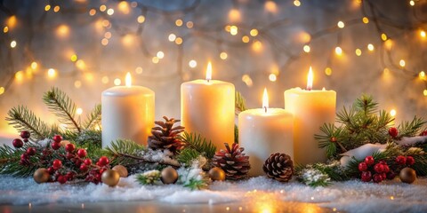 Four Glowing Candles Adorned with Pine Branches, Berries, and Snow, Illuminated by Warm Festive Lights