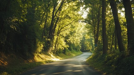 Fototapeta premium Close-up of a scenic road with a canopy of trees arching overhead, creating a tunnel of green and dappled sunlight