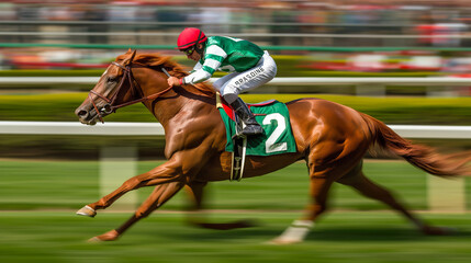 Naklejka premium A thoroughbred horse races swiftly down the track with a determined jockey during a sunny day at the racetrack