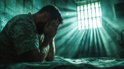 An individual in military uniform covers his face with his hands in a cell where sunlight filters dramatically through bars, emphasizing an emotional internal struggle.