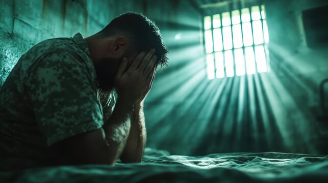 An individual in military uniform covers his face with his hands in a cell where sunlight filters dramatically through bars, emphasizing an emotional internal struggle. - Powered by Adobe