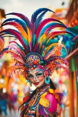 Vibrant Carnival Beauty in a Colorful Feathered Headdress and Costume