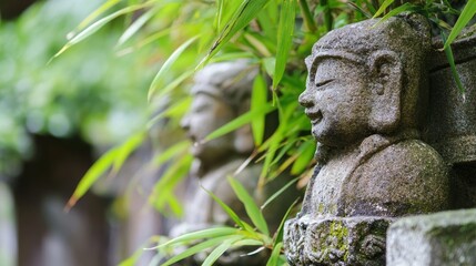 Obraz premium Bamboo and Stone Harmony, Bamboo thrives beside ancient stone sculptures, symbolizing strength and the balance of nature and history