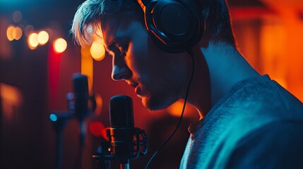 young man work with headphones, microphone