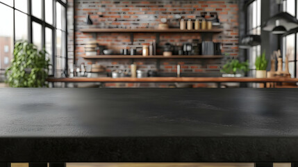 Fototapeta premium Modern Black Table in Blurred Kitchen Interior
