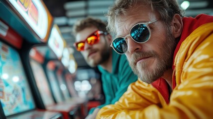 Obraz premium Two men wearing brightly colored sunglasses are intensely focused on playing arcade games inside a retro-inspired gaming arena.