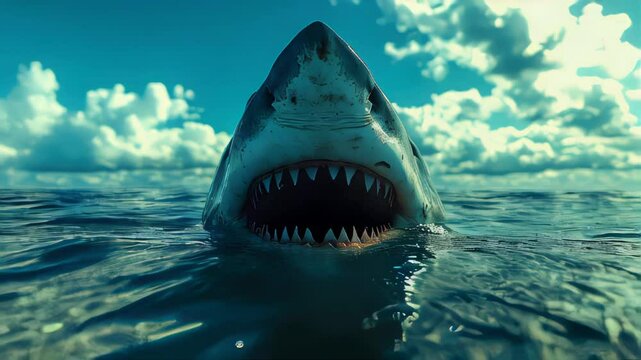 A fearsome great white shark emerges from the ocean, with sharp teeth and intense eyes against a dramatic sunset sky, symbolizing danger, strength, and the raw power of nature