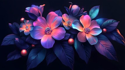 Elegant floral arrangement with iridescent flowers, against a dark background, in the style of vector art