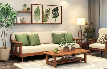 Beige and white living room with a wooden sofa and green cushions, light wood side tables, a white rug, plants on shelves, planters