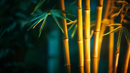 Bamboo Resilience, Illuminated stalks symbolize harmony and balance, contrasting light with shadow, evoking tranquility and strength.