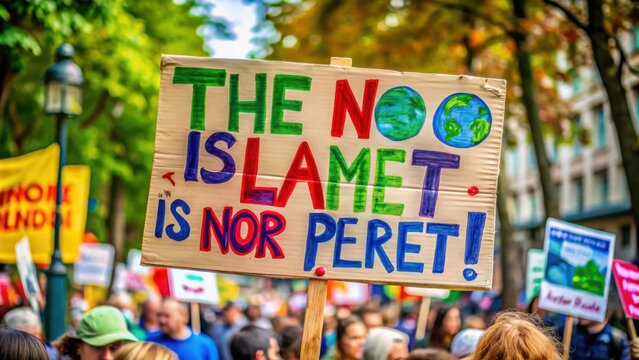 Hand-Painted Cardboard Sign Proclaims The No Is Lamet Is Nor Peret During a Protest With A Hand-Drawn Globe