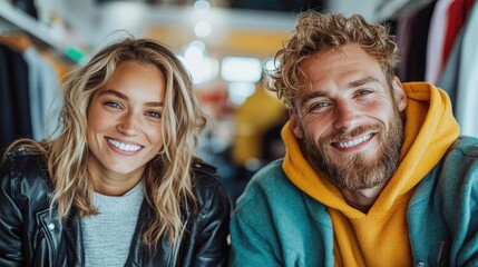 Obraz premium A happy couple posing inside a stylish store, showcasing their casual jackets and warm demeanor, captured with bright lighting emphasizing their smiles.
