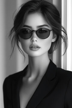 black and white portrait of beautiful woman wearing sunglasses and blazer
