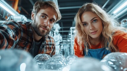 A couple ventures through a science lab filled with experiments, representing curiosity, discovery, and a shared enthusiasm for science and innovation amid a bustling setting.