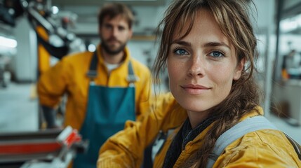 A confident woman poses at the forefront with her partner in a bustling industrial environment, representing empowerment, skill, and collaboration within modern industry.