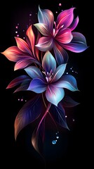 Elegant floral arrangement with iridescent flowers, against a dark background, in the style of vector art
