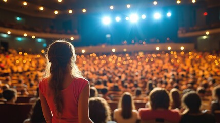 Young Woman in Pink Dress Watching a Concert in a Packed Theater Under Bright Stage Lights