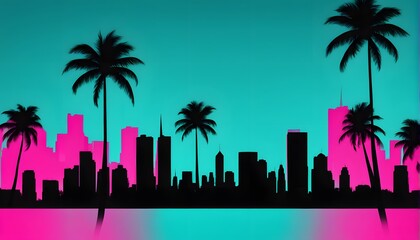 Fototapeta premium Silhouette of the miami skyline with palm trees against a neon pink and turquoise background, AI Generated