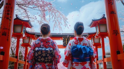 Japanese women in kimono walking at the torii gate