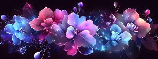 Elegant floral arrangement with iridescent flowers, against a dark background, in the style of vector art