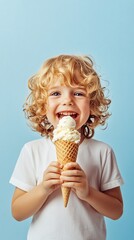 Cheerful kid eating ice cream in waffle cone isolated on blue