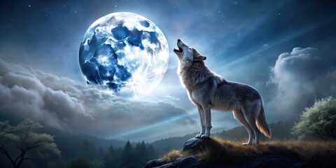 A Lone Wolf Howls at the Full Moon, Illuminated by a Celestial Glow, Surrounded by a Dreamy Landscape of Mist and Silhouettes of Trees
