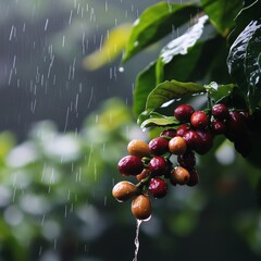 Coffee beans in the rain. Coffee plantation.