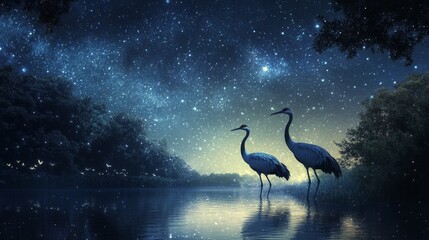 Fototapeta premium Cranes by the river, serene waters reflecting starlit sky, embodying tranquility and timeless elegance in nature's embrace