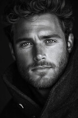 black and white close-up portrait of a man with a serious expression and a scruffy beard