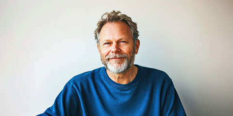 Obraz premium Happy senior man with a beard in a blue sweatshirt smiling against a white background