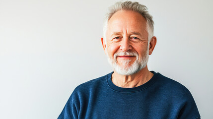Happy senior man with a beard wearing a blue sweatshirt in a bright studio setting