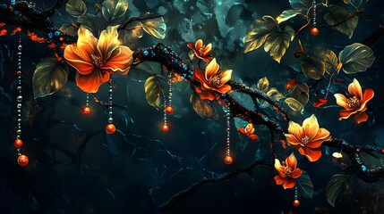 Elegant floral arrangement with iridescent flowers, against a dark background, in the style of vector art