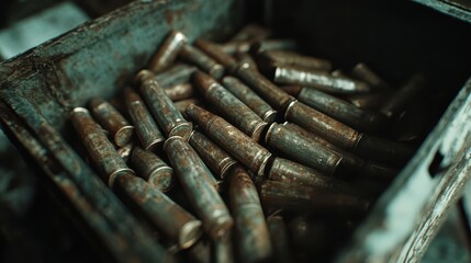 A vintage box holding a collection of tarnished bullets that display a sense of ruggedness and antiquity, ideal for themes of history or military aesthetics.